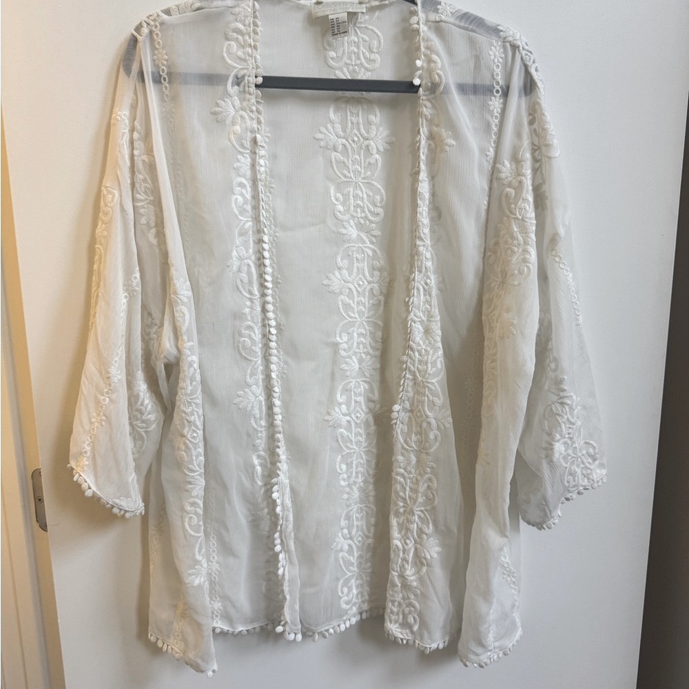 Forever 21 White Sheer Embroidered Kimono Cover-Up